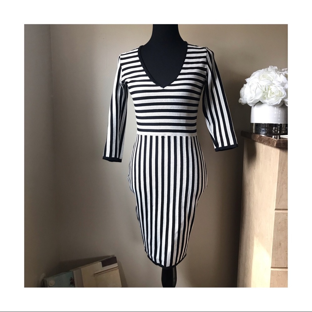 H&M Black & White Vertical and Horizontal Striped V-Neck Bodycon Dress